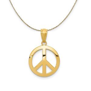 14k Yellow Gold 13mm Polished Convex Peace Symbol Necklace - 16 Inch